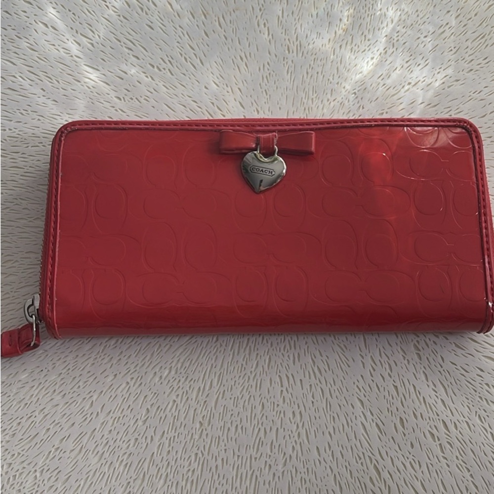 Coach Glossy Red Patent Zip-Around Wallet with Heart Charm
